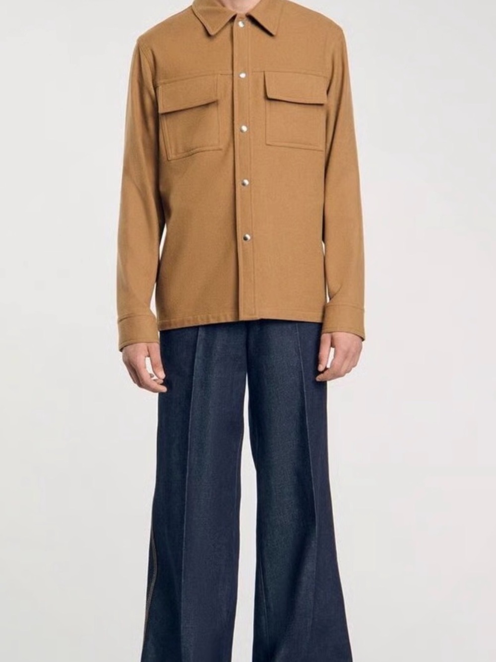 Sandro Wool Camel Snap-Front Utility Shirt Jacket
